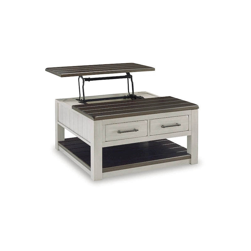 Table basse relevable bicolore gris/marron avec 2 tiroirs, roulettes et étagère ouverte – Simple
