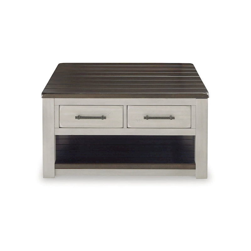 Table basse relevable bicolore gris/marron avec 2 tiroirs, roulettes et étagère ouverte – Simple