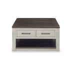 Table basse relevable bicolore gris/marron avec 2 tiroirs, roulettes et étagère ouverte – Simple