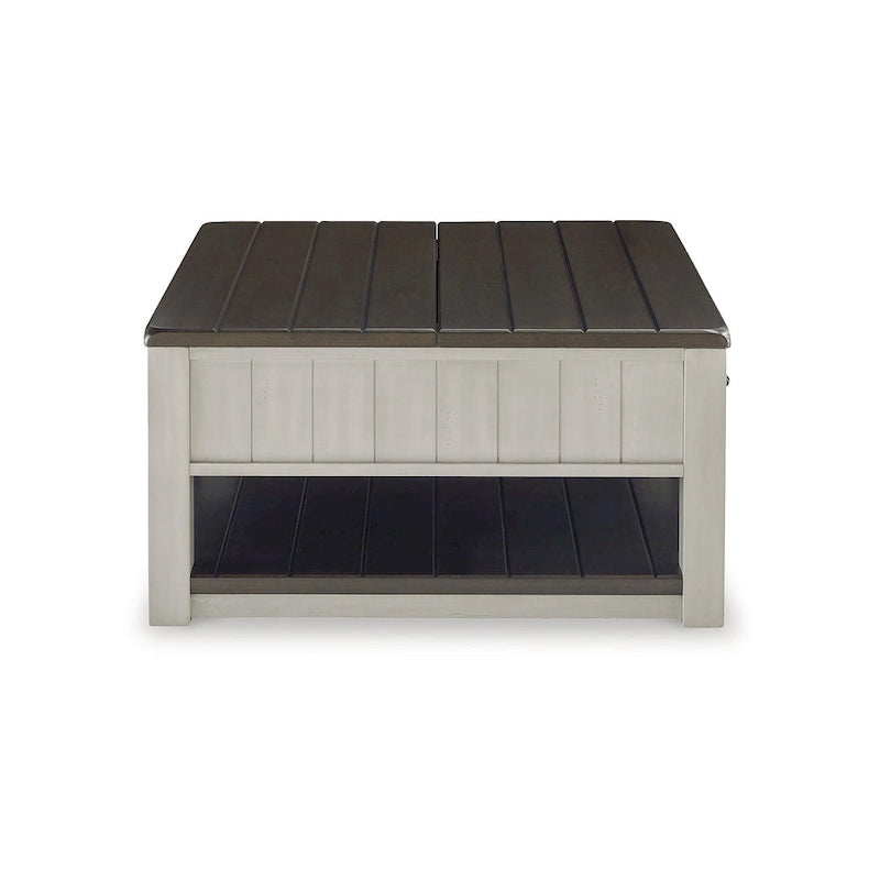Table basse relevable bicolore gris/marron avec 2 tiroirs, roulettes et étagère ouverte – Simple