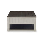 Table basse relevable bicolore gris/marron avec 2 tiroirs, roulettes et étagère ouverte – Simple
