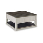 Table basse relevable bicolore gris/marron avec 2 tiroirs, roulettes et étagère ouverte – Simple