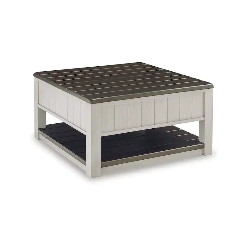 Table basse relevable bicolore gris/marron avec 2 tiroirs, roulettes et étagère ouverte – Simple