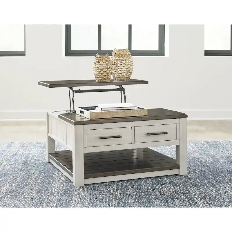 Table basse relevable bicolore gris/marron avec 2 tiroirs, roulettes et étagère ouverte – Simple