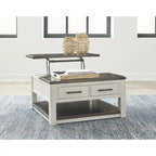 Table basse relevable bicolore gris/marron avec 2 tiroirs, roulettes et étagère ouverte – Simple