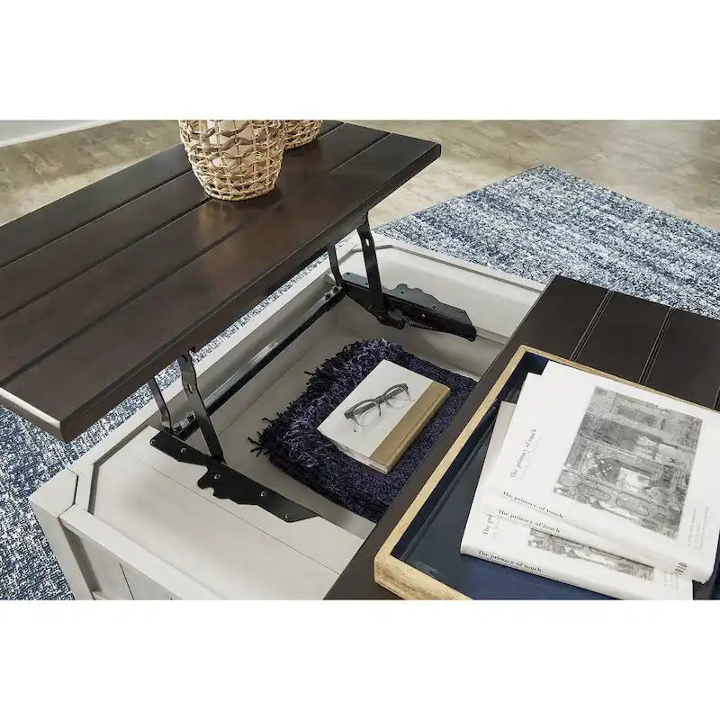 Table basse relevable bicolore gris/marron avec 2 tiroirs, roulettes et étagère ouverte – Simple