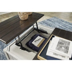 Table basse relevable bicolore gris/marron avec 2 tiroirs, roulettes et étagère ouverte – Simple
