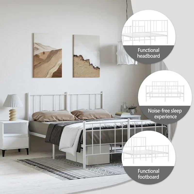 Cadre de lit plateforme en acier blanc avec tête de lit et rangement sous le lit – Grand lit, 2 personnes