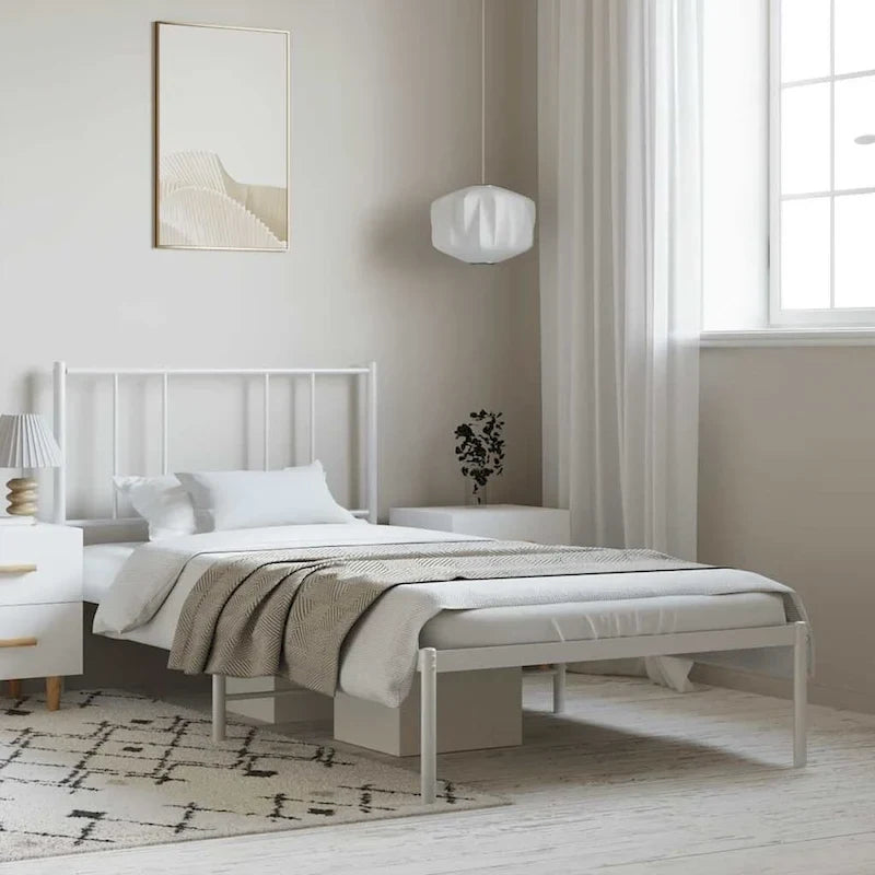Cadre de lit plateforme en acier blanc avec tête de lit et rangement sous le lit – Grand lit, 2 personnes