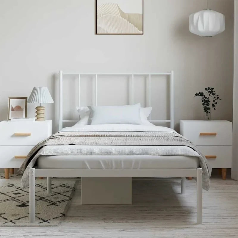 Cadre de lit plateforme en acier blanc avec tête de lit et rangement sous le lit – Grand lit, 2 personnes