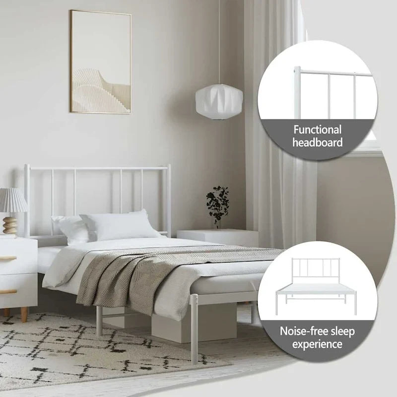 Cadre de lit plateforme en acier blanc avec tête de lit et rangement sous le lit – Grand lit, 2 personnes