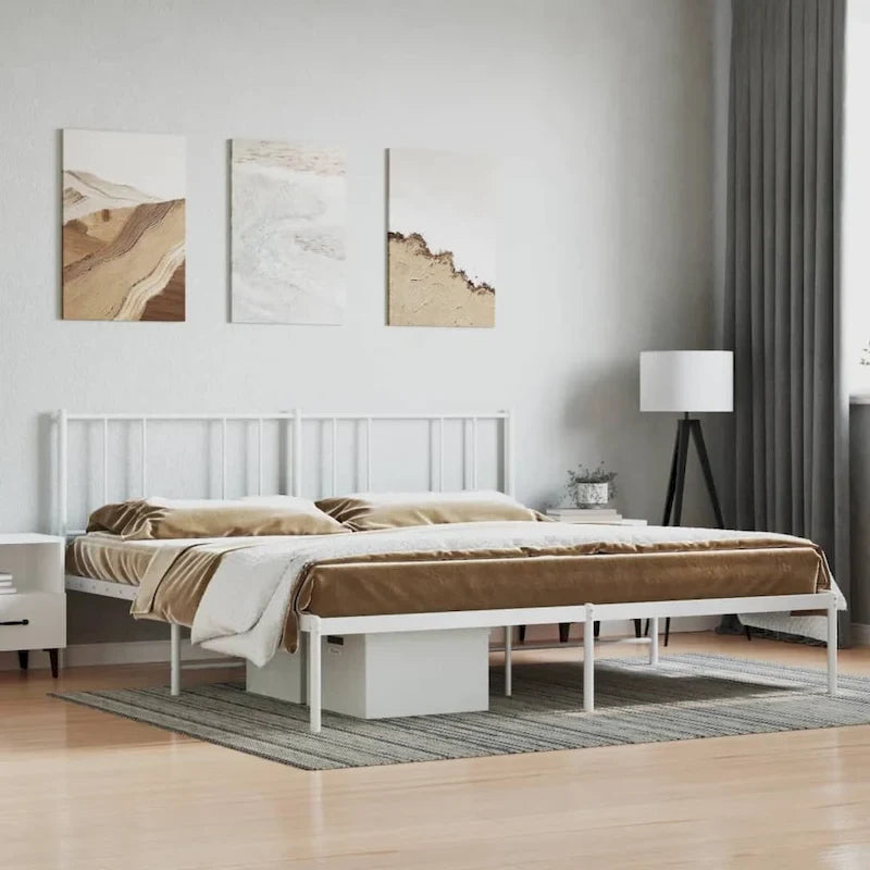 Cadre de lit plateforme en acier blanc avec tête de lit et rangement sous le lit – Grand lit, 2 personnes