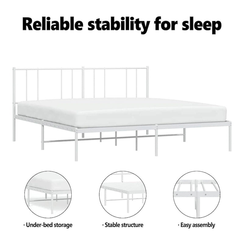 Cadre de lit plateforme en acier blanc avec tête de lit et rangement sous le lit – Grand lit, 2 personnes