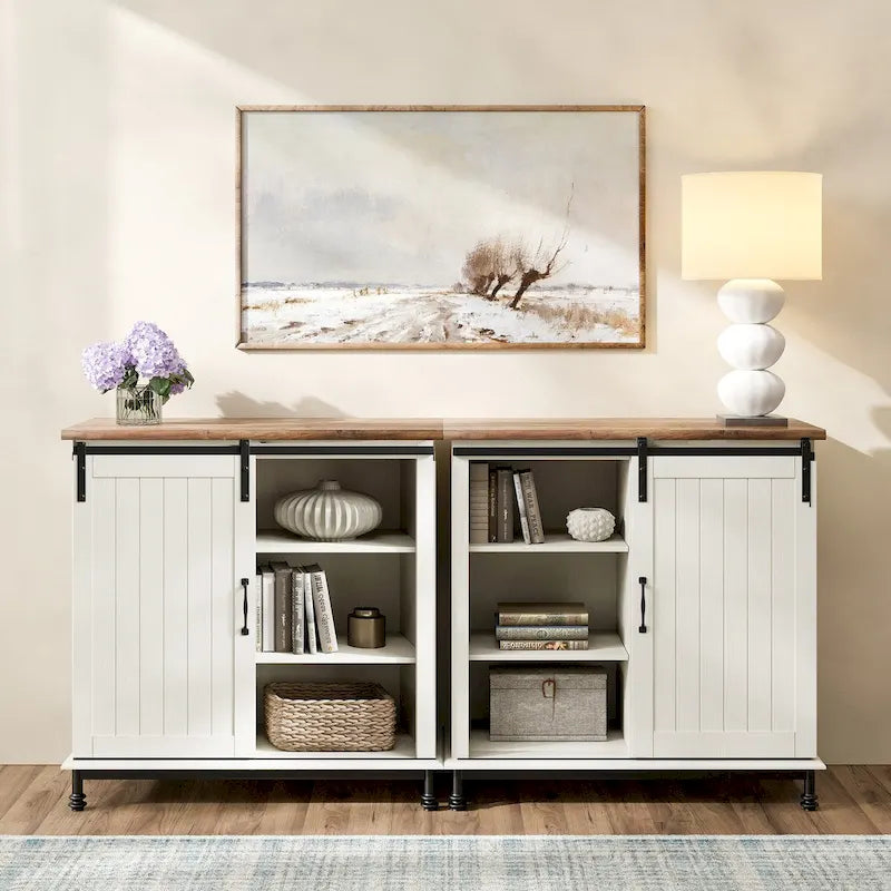 Meuble de rangement simple avec porte coulissante de style grange en MDF blanc antique et étagère réglable – 70 po