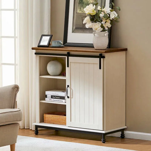 WAMPAT Kitchen Buffet Entryway TableWhite Farmhouse Sliding Barn Door Storage Accent Cabinet