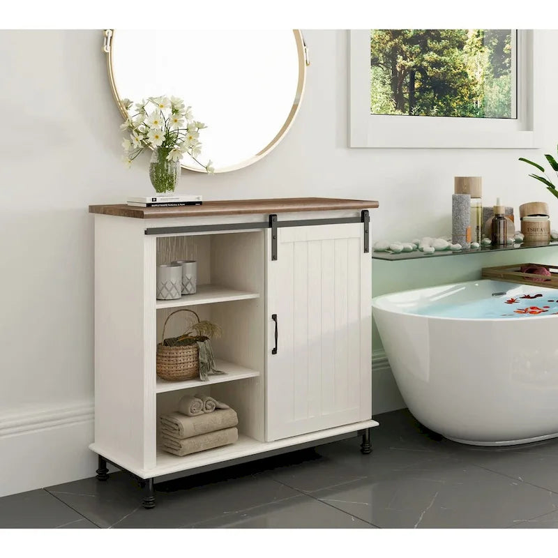 Meuble de rangement simple avec porte coulissante de style grange en MDF blanc antique et étagère réglable – 70 po