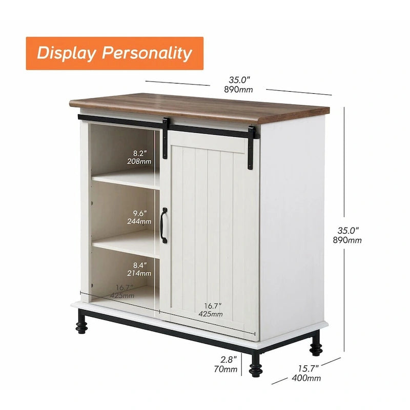 Meuble de rangement simple avec porte coulissante de style grange en MDF blanc antique et étagère réglable – 70 po