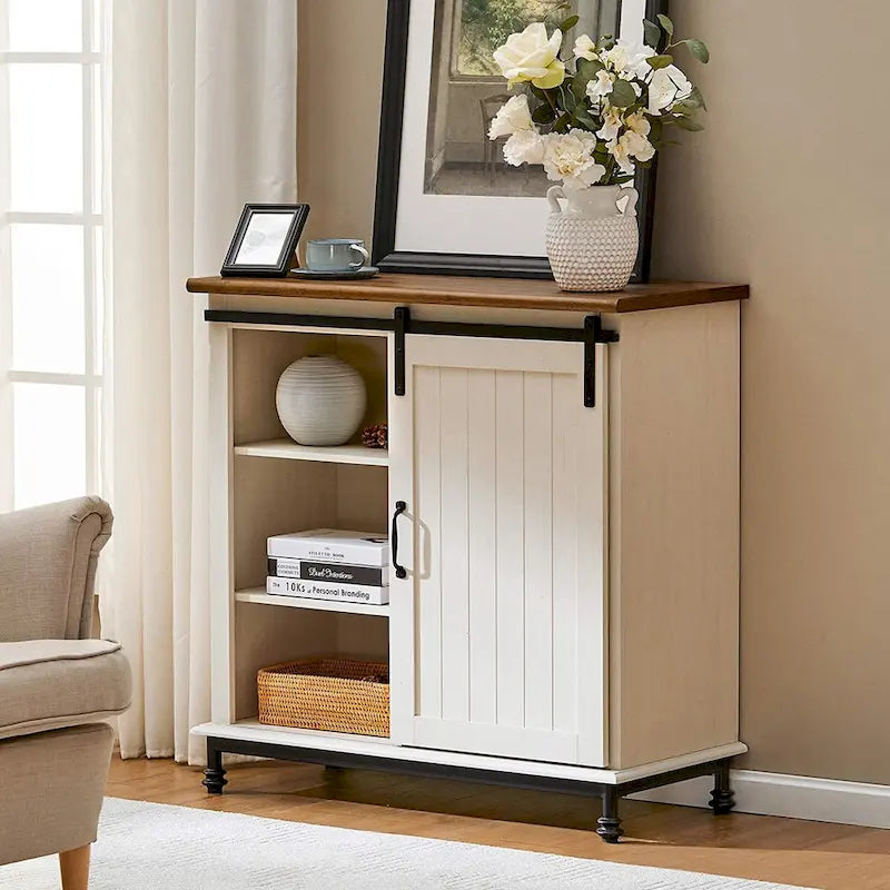 Meuble de rangement simple avec porte coulissante de style grange en MDF blanc antique et étagère réglable – 70 po