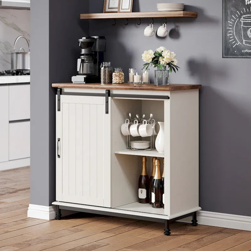 Meuble de rangement simple avec porte coulissante de style grange en MDF blanc antique et étagère réglable – 70 po