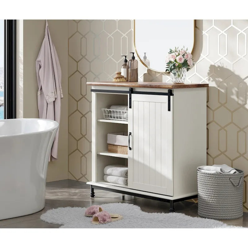 Meuble de rangement simple avec porte coulissante de style grange en MDF blanc antique et étagère réglable – 70 po