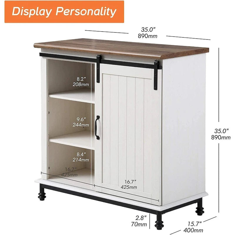 Meuble de rangement simple avec porte coulissante de style grange en MDF blanc antique et étagère réglable – 70 po