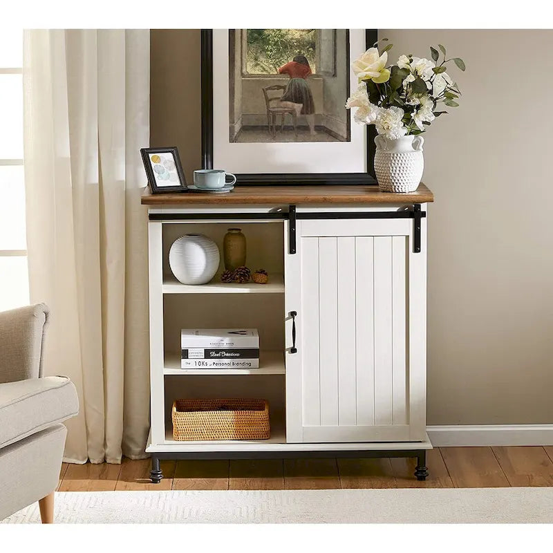 Meuble de rangement simple avec porte coulissante de style grange en MDF blanc antique et étagère réglable – 70 po