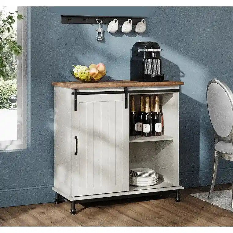 Meuble de rangement simple avec porte coulissante de style grange en MDF blanc antique et étagère réglable – 70 po