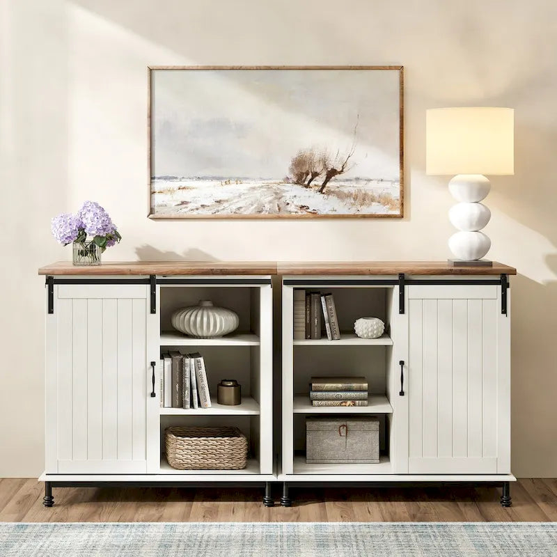Meuble de rangement simple avec porte coulissante de style grange en MDF blanc antique et étagère réglable – 70 po