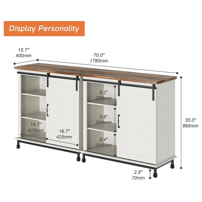 Meuble de rangement simple avec porte coulissante de style grange en MDF blanc antique et étagère réglable – 70 po