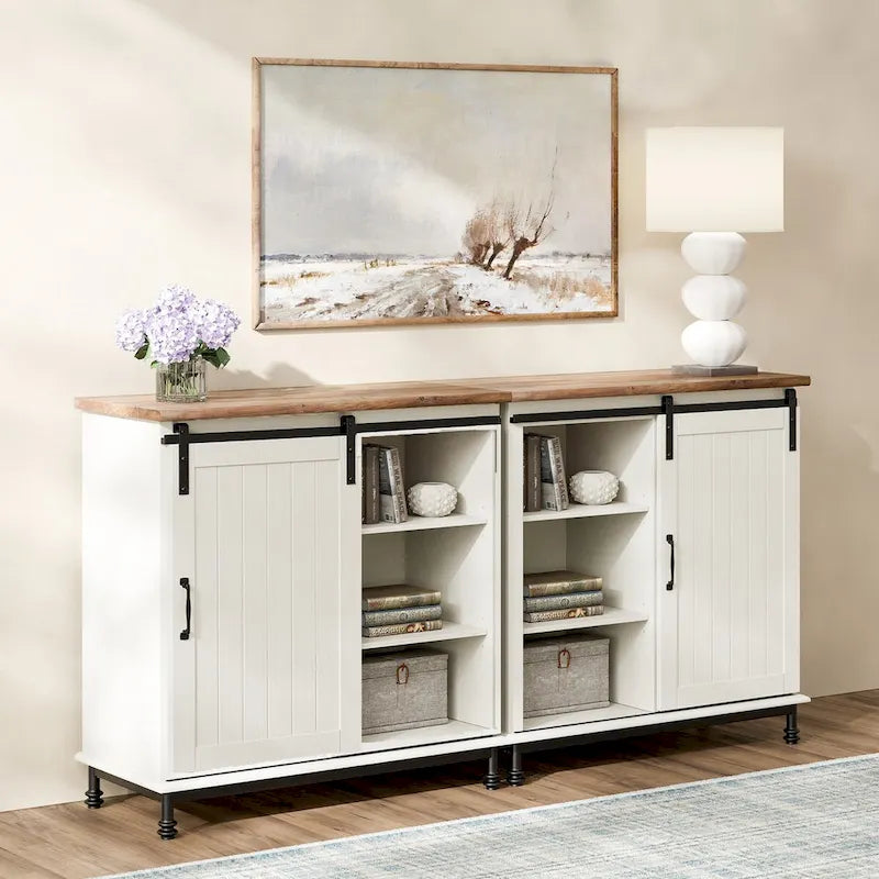 Meuble de rangement simple avec porte coulissante de style grange en MDF blanc antique et étagère réglable – 70 po