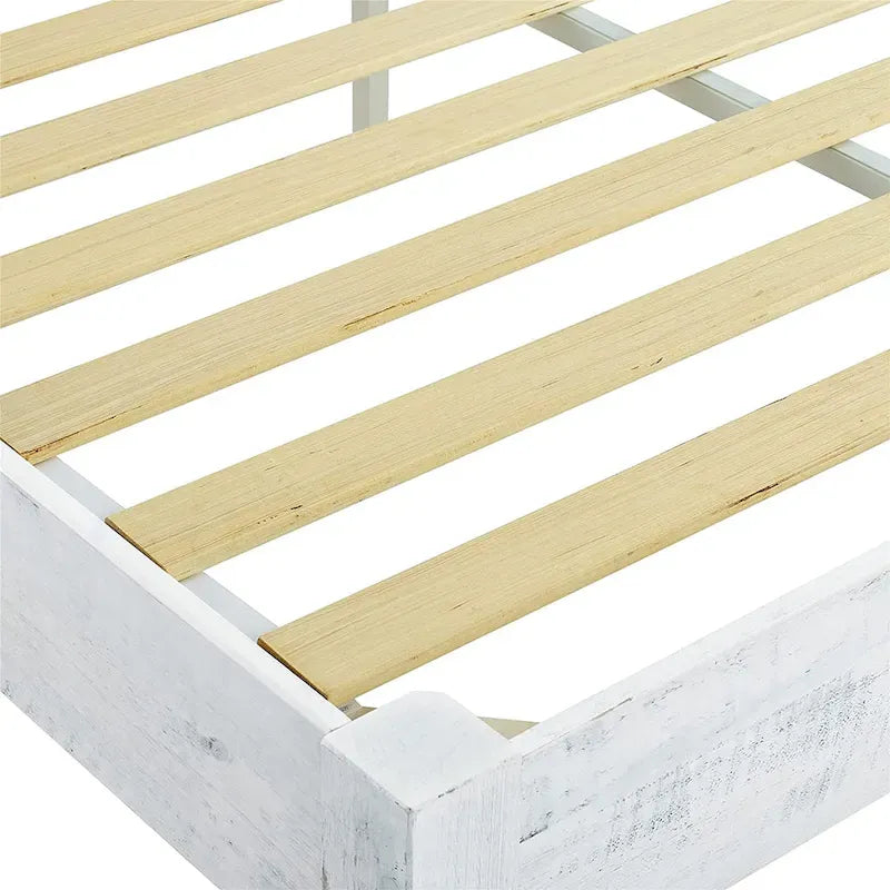 Cadre de lit plateforme rustique King en pin massif blanchi avec 12 lattes – 2 personnes