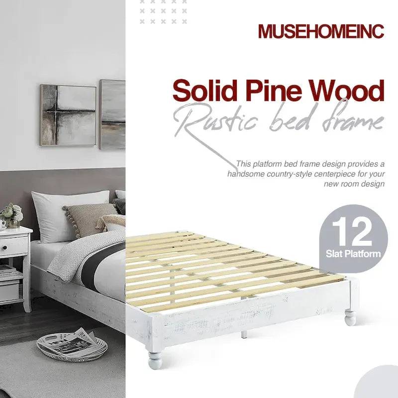 Cadre de lit plateforme rustique King en pin massif blanchi avec 12 lattes – 2 personnes