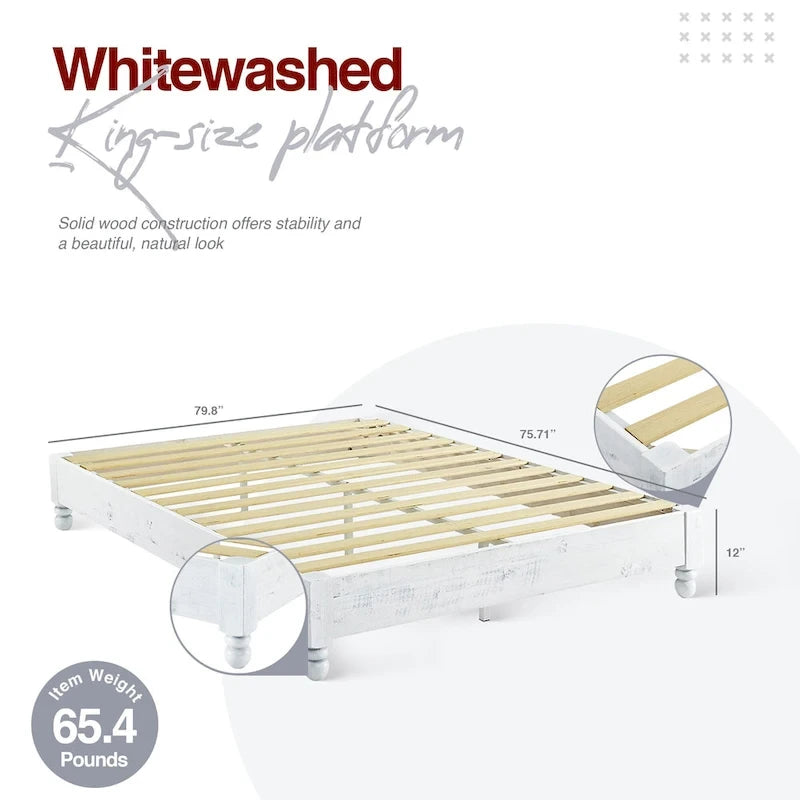 Cadre de lit plateforme rustique King en pin massif blanchi avec 12 lattes – 2 personnes
