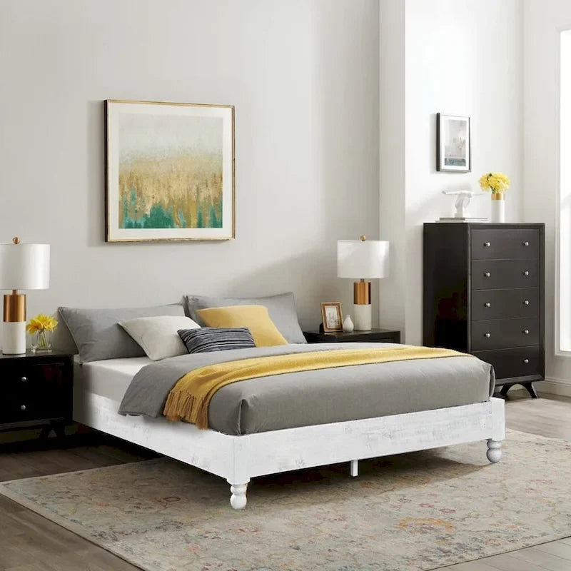 Cadre de lit plateforme rustique King en pin massif blanchi avec 12 lattes – 2 personnes