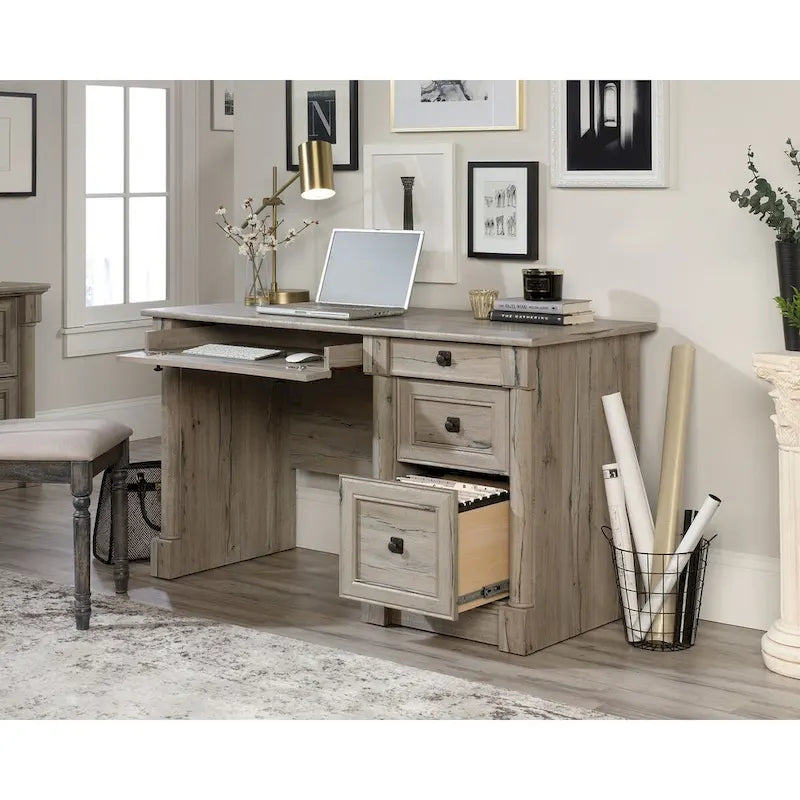 Bureau d'ordinateur en chêne vintage / chêne fendu / cerisier sélectionné / chêne éolien avec tiroir pour clavier, 2 tiroirs et tiroir classeur – Simple