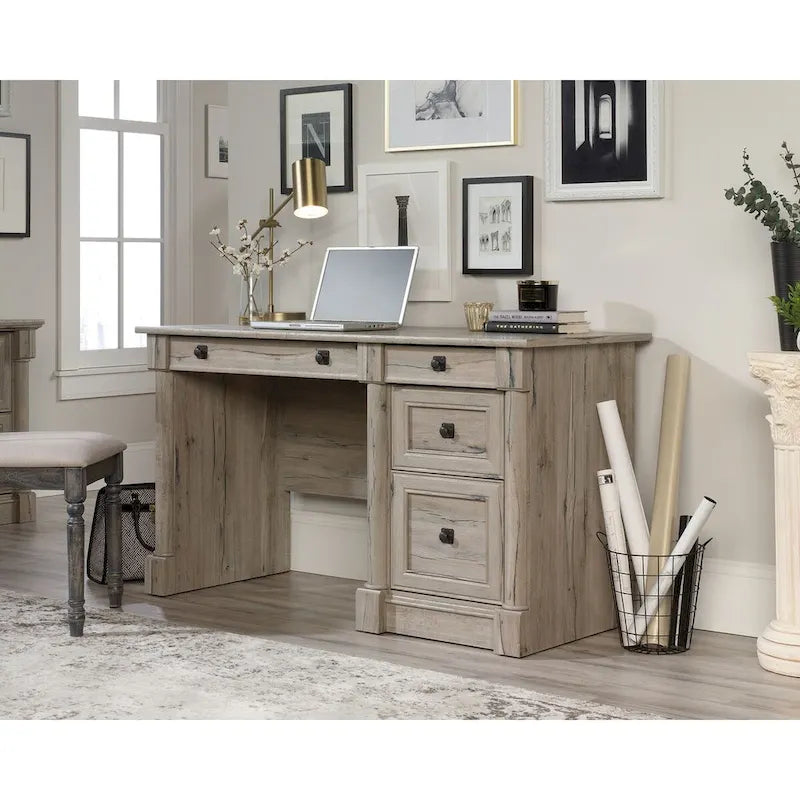 Bureau d'ordinateur en chêne vintage / chêne fendu / cerisier sélectionné / chêne éolien avec tiroir pour clavier, 2 tiroirs et tiroir classeur – Simple