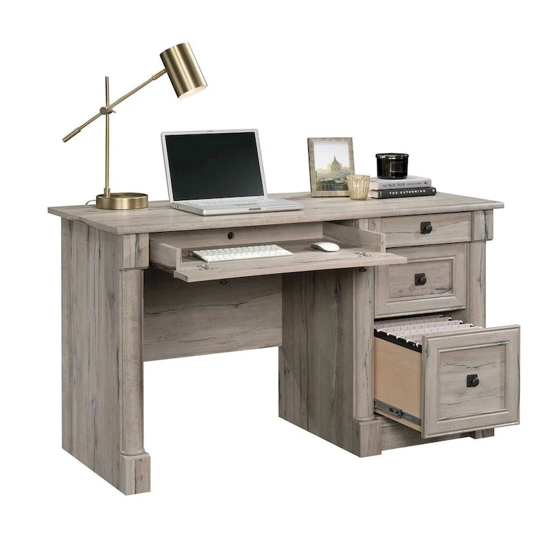 Bureau d'ordinateur en chêne vintage / chêne fendu / cerisier sélectionné / chêne éolien avec tiroir pour clavier, 2 tiroirs et tiroir classeur – Simple