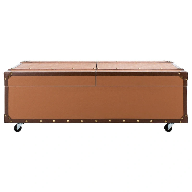 Table basse Malle de voyage en Cognac / Marron / Noir / Crème / Beige avec couvercle coulissant, casier à vin et roulettes