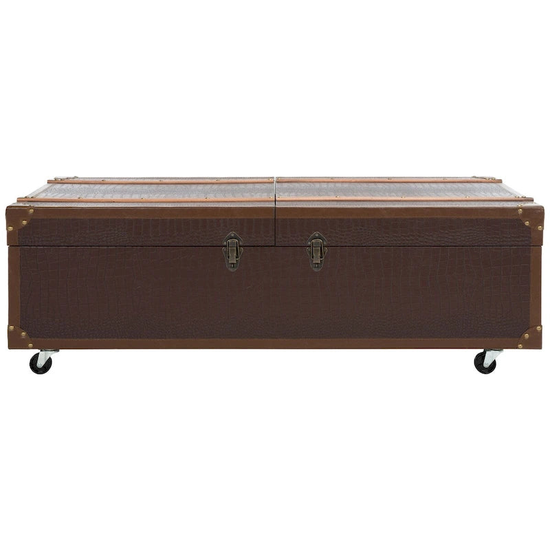 Table basse Malle de voyage en Cognac / Marron / Noir / Crème / Beige avec couvercle coulissant, casier à vin et roulettes
