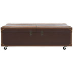 Table basse Malle de voyage en Cognac / Marron / Noir / Crème / Beige avec couvercle coulissant, casier à vin et roulettes