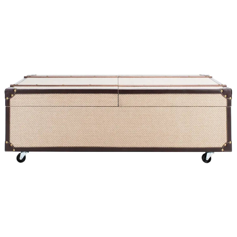 Table basse Malle de voyage en Cognac / Marron / Noir / Crème / Beige avec couvercle coulissant, casier à vin et roulettes