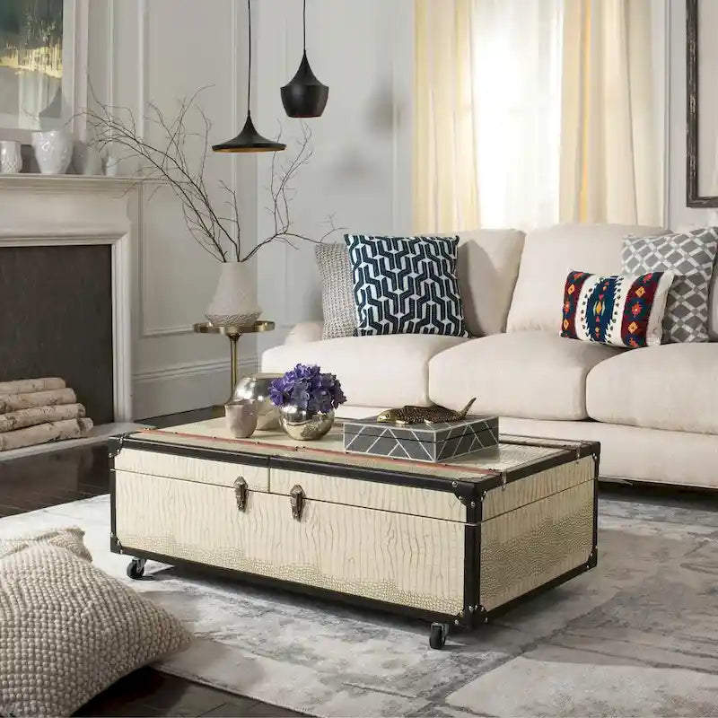 Table basse Malle de voyage en Cognac / Marron / Noir / Crème / Beige avec couvercle coulissant, casier à vin et roulettes
