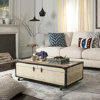 Table basse Malle de voyage en Cognac / Marron / Noir / Crème / Beige avec couvercle coulissant, casier à vin et roulettes