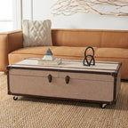 Table basse Malle de voyage en Cognac / Marron / Noir / Crème / Beige avec couvercle coulissant, casier à vin et roulettes