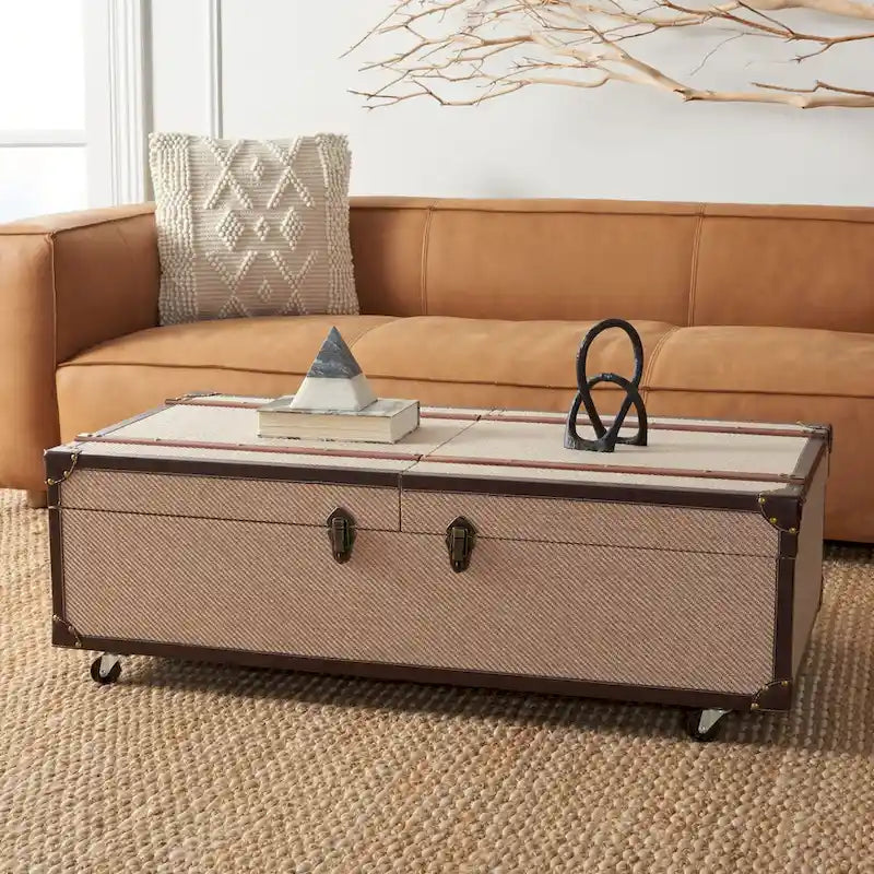 Table basse Malle de voyage en Cognac / Marron / Noir / Crème / Beige avec couvercle coulissant, casier à vin et roulettes
