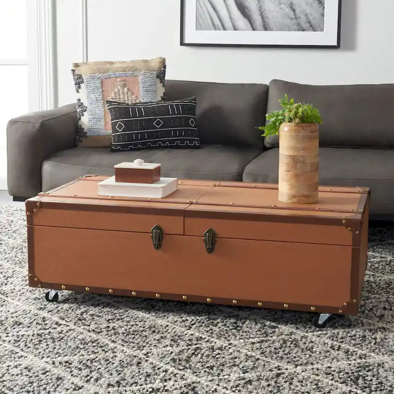 Table basse Malle de voyage en Cognac / Marron / Noir / Crème / Beige avec couvercle coulissant, casier à vin et roulettes