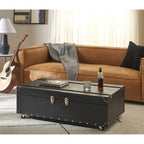 Table basse Malle de voyage en Cognac / Marron / Noir / Crème / Beige avec couvercle coulissant, casier à vin et roulettes