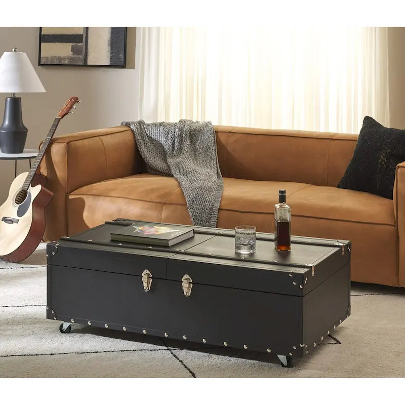 Table basse Malle de voyage en Cognac / Marron / Noir / Crème / Beige avec couvercle coulissant, casier à vin et roulettes