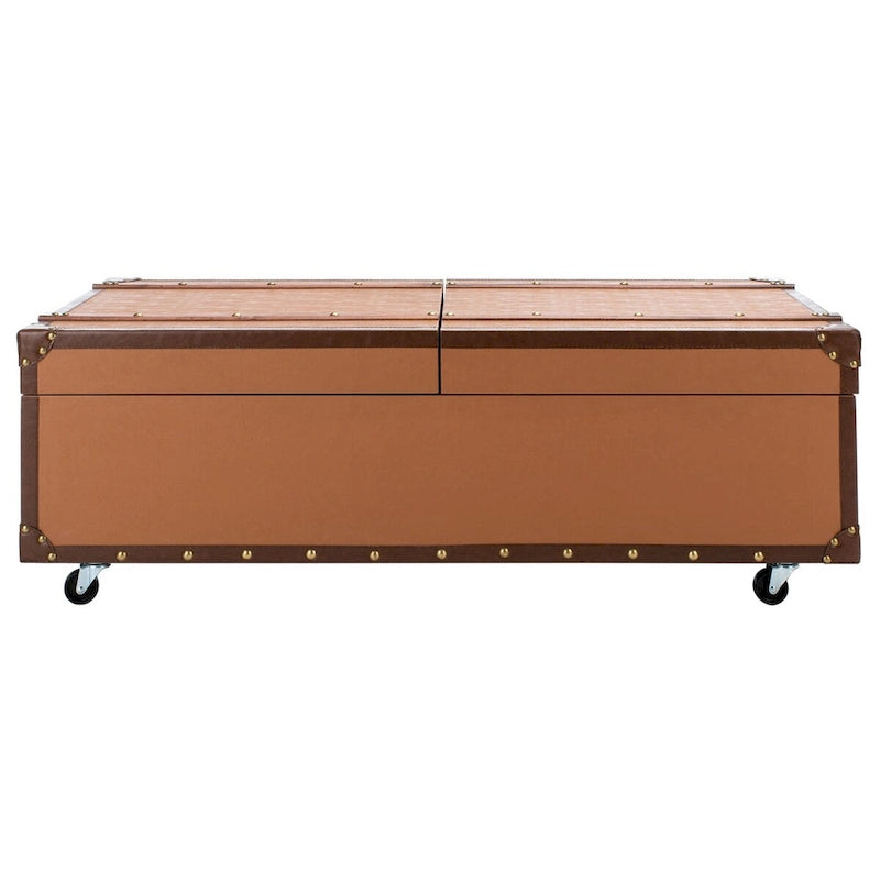 Table basse Malle de voyage en Cognac / Marron / Noir / Crème / Beige avec couvercle coulissant, casier à vin et roulettes