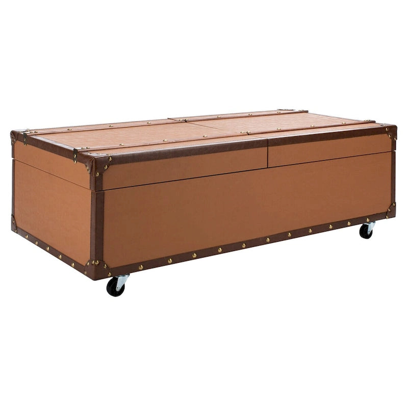 Table basse Malle de voyage en Cognac / Marron / Noir / Crème / Beige avec couvercle coulissant, casier à vin et roulettes